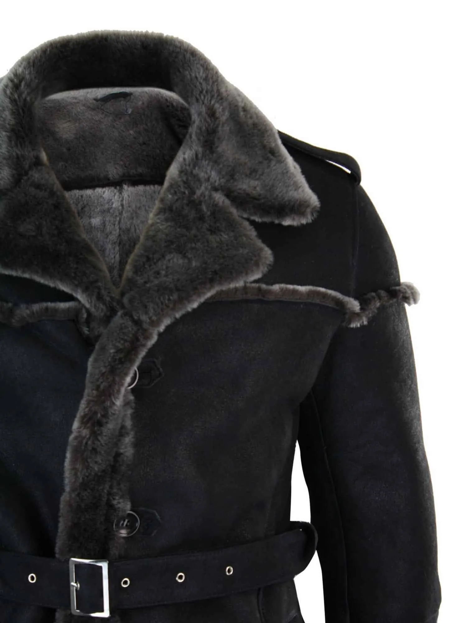 Infinity Ozzy Mens Double Breasted Real Sherling Navy Captain Sheepskin Jacket Belted Grey Black