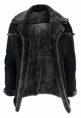 Infinity Ozzy Mens Double Breasted Real Sherling Navy Captain Sheepskin Jacket Belted Grey Black