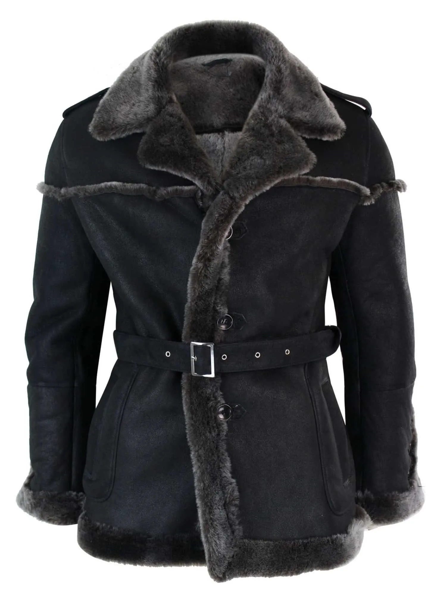 Infinity Ozzy Mens Double Breasted Real Sherling Navy Captain Sheepskin Jacket Belted Grey Black