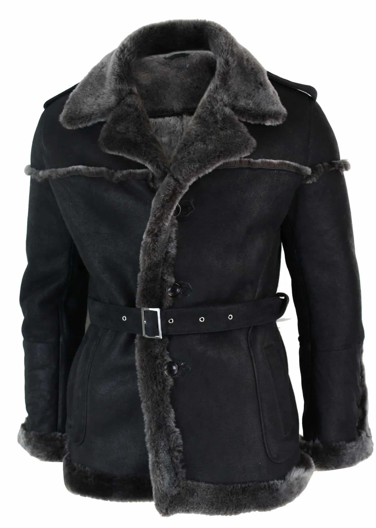 Infinity Ozzy Mens Double Breasted Real Sherling Navy Captain Sheepskin Jacket Belted Grey Black