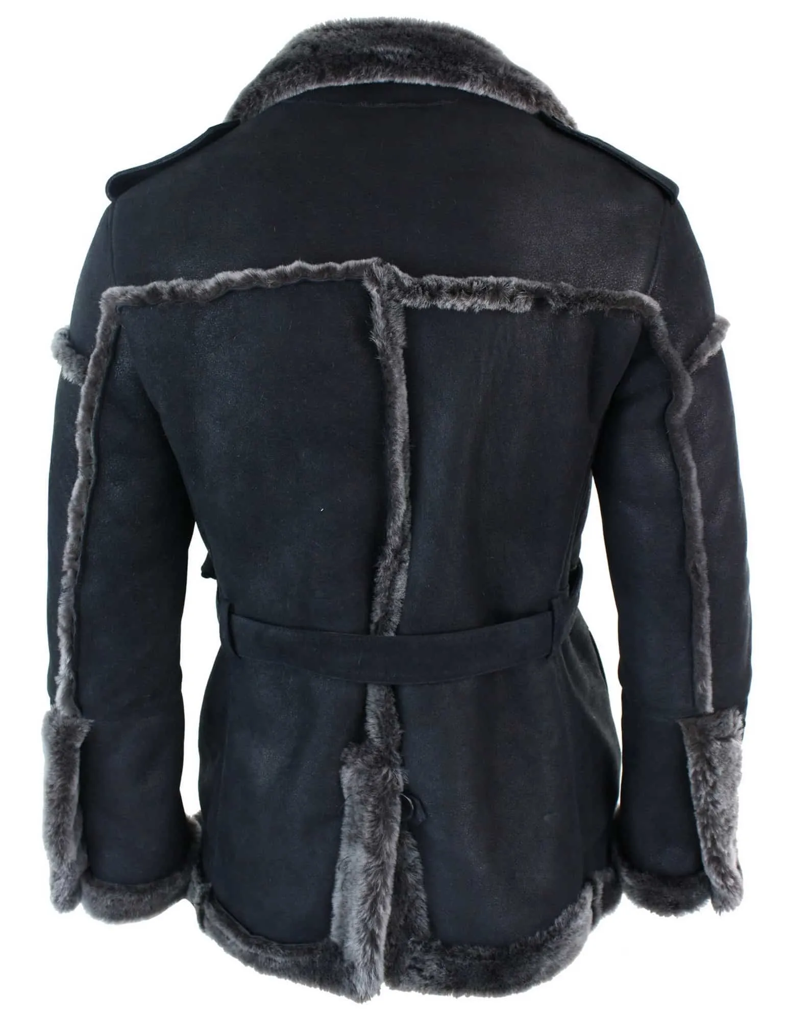 Infinity Ozzy Mens Double Breasted Real Sherling Navy Captain Sheepskin Jacket Belted Grey Black