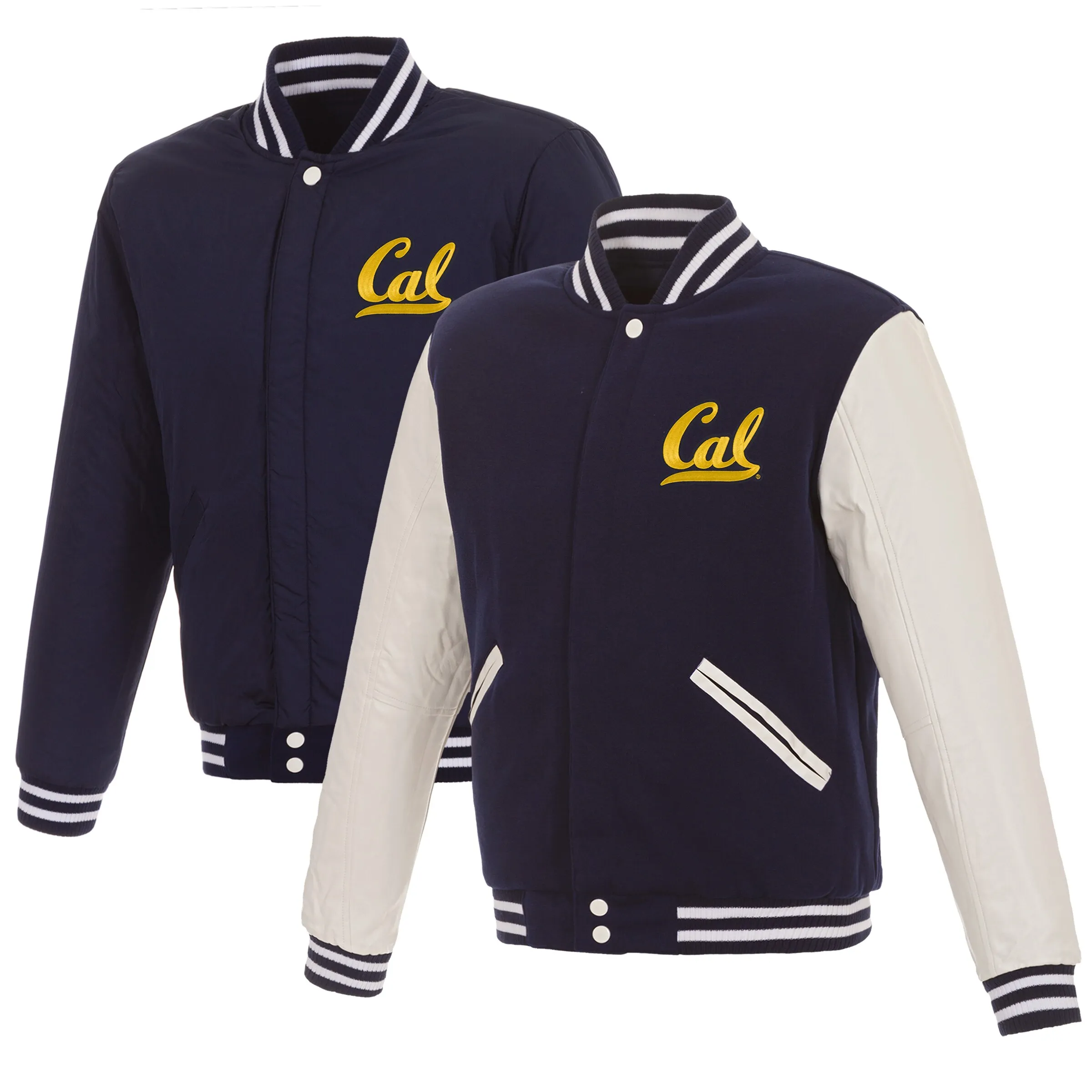 JH Design Cal Bears Navy/White Reversible Two-Tone Fleece Varsity Jacket