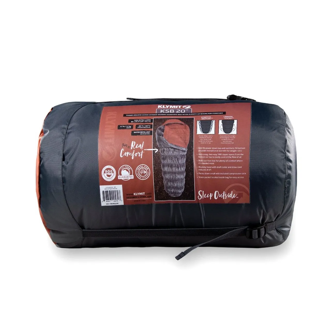 Klymit KSB 20 Degree F XL Sleeping Bag Rust Red Grey