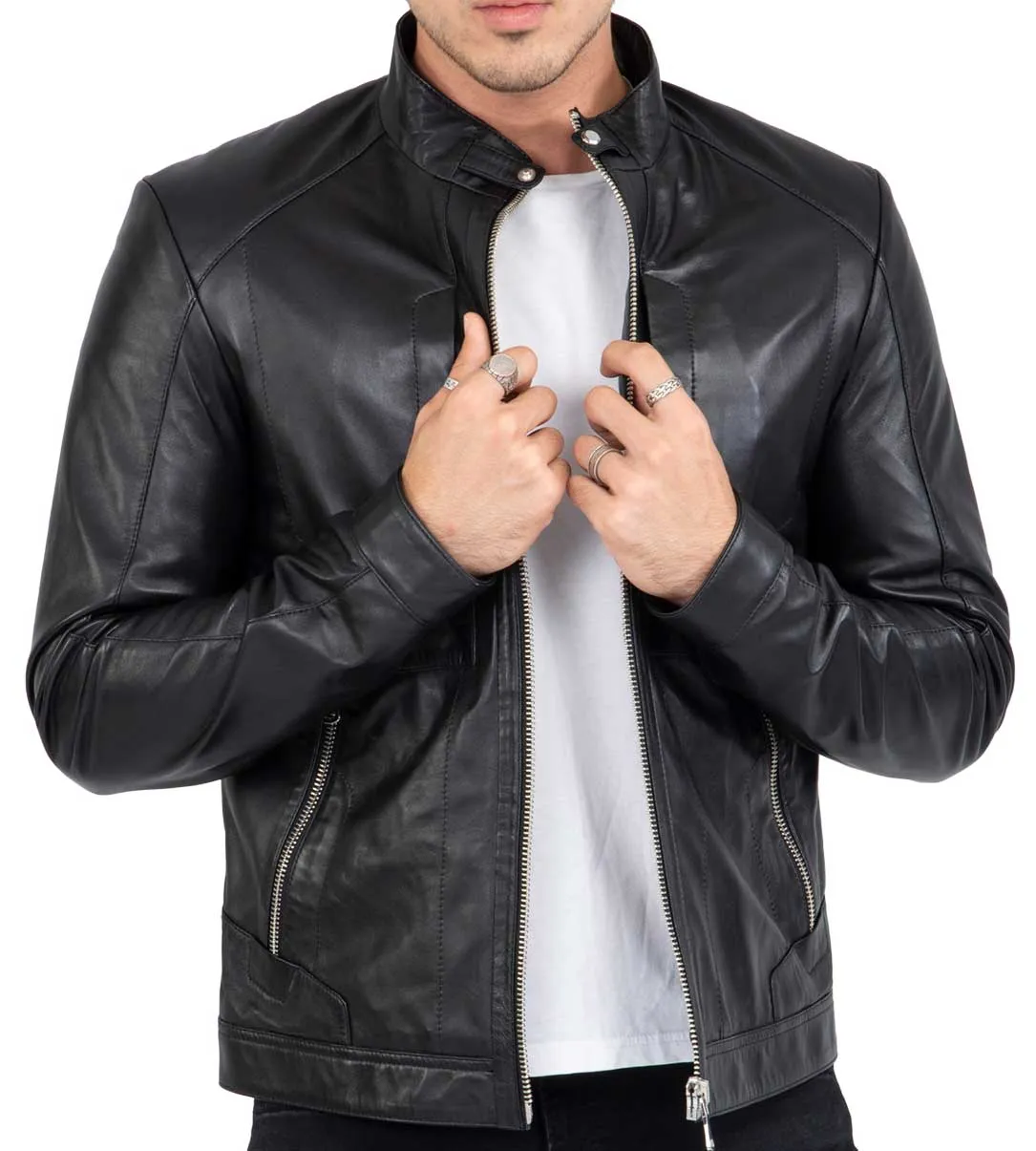 Lamb Leather Biker Jacket for Men with Four Pockets Regular Fit - B209