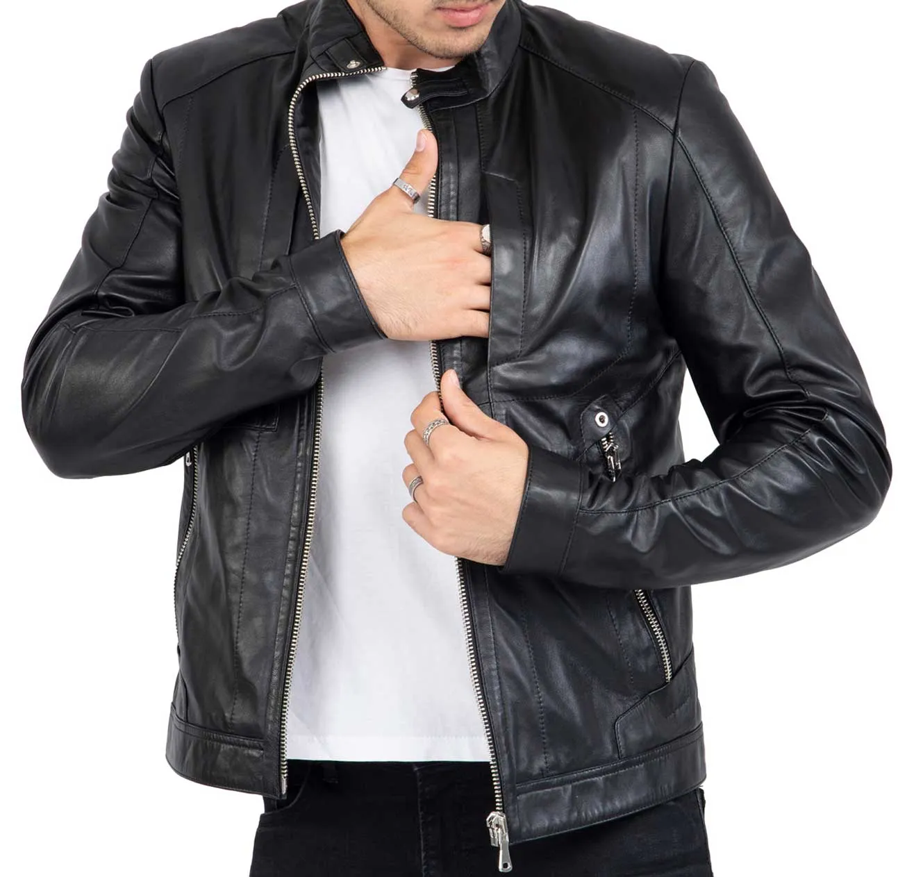 Lamb Leather Biker Jacket for Men with Four Pockets Regular Fit - B209