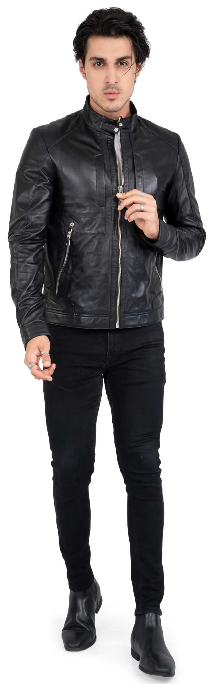 Lamb Leather Biker Jacket for Men with Four Pockets Regular Fit - B209