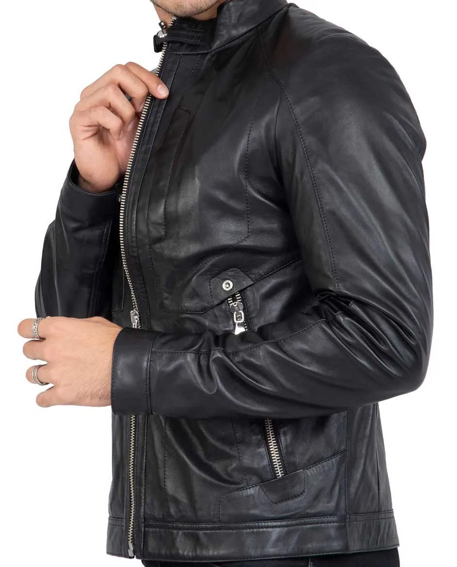 Lamb Leather Biker Jacket for Men with Four Pockets Regular Fit - B209