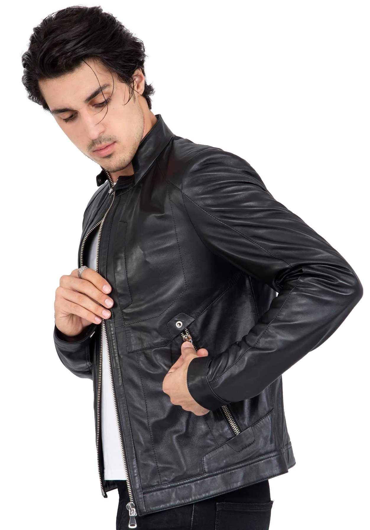 Lamb Leather Biker Jacket for Men with Four Pockets Regular Fit - B209