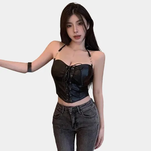 Leather Sleeveless Crop Top Bandage.