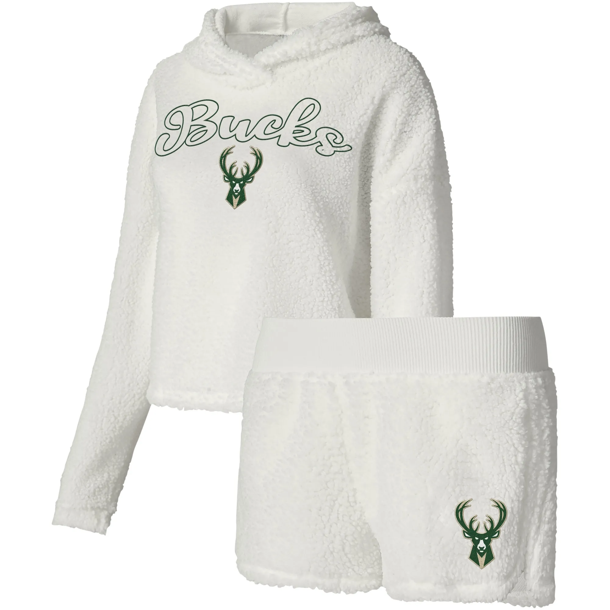 Lids Women's College Concepts Cream Milwaukee Bucks Fluffy Long Sleeve Hoodie T-Shirt & Shorts Sleep Set