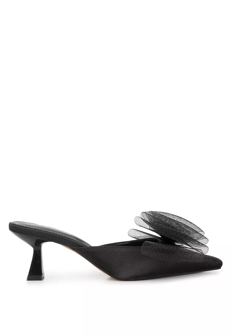 London Rag Black Organza Bow Embellished Satin Mules