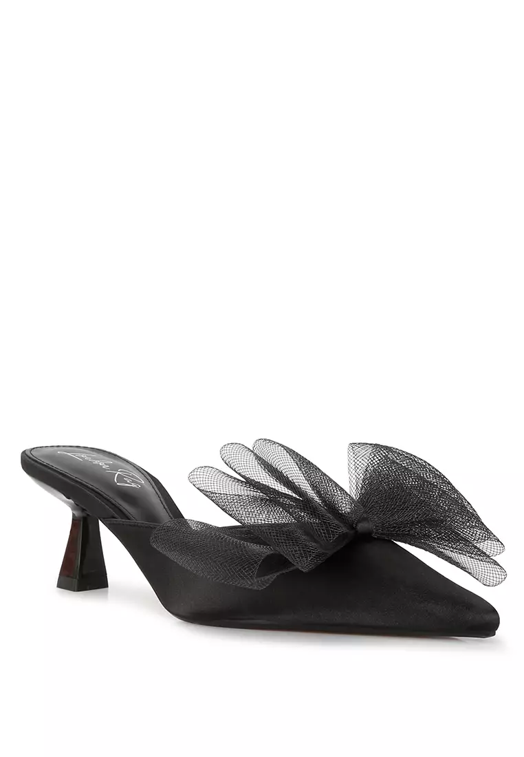 London Rag Black Organza Bow Embellished Satin Mules