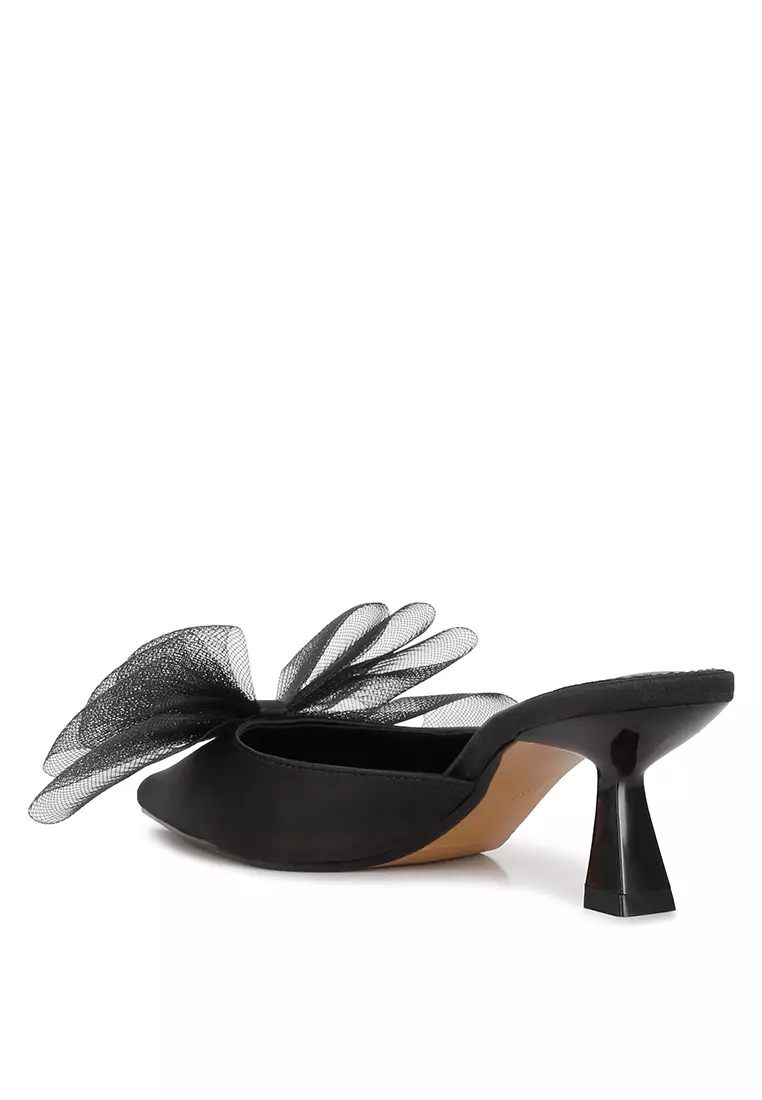 London Rag Black Organza Bow Embellished Satin Mules