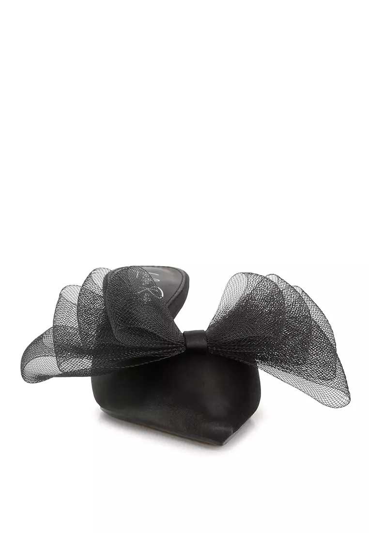 London Rag Black Organza Bow Embellished Satin Mules