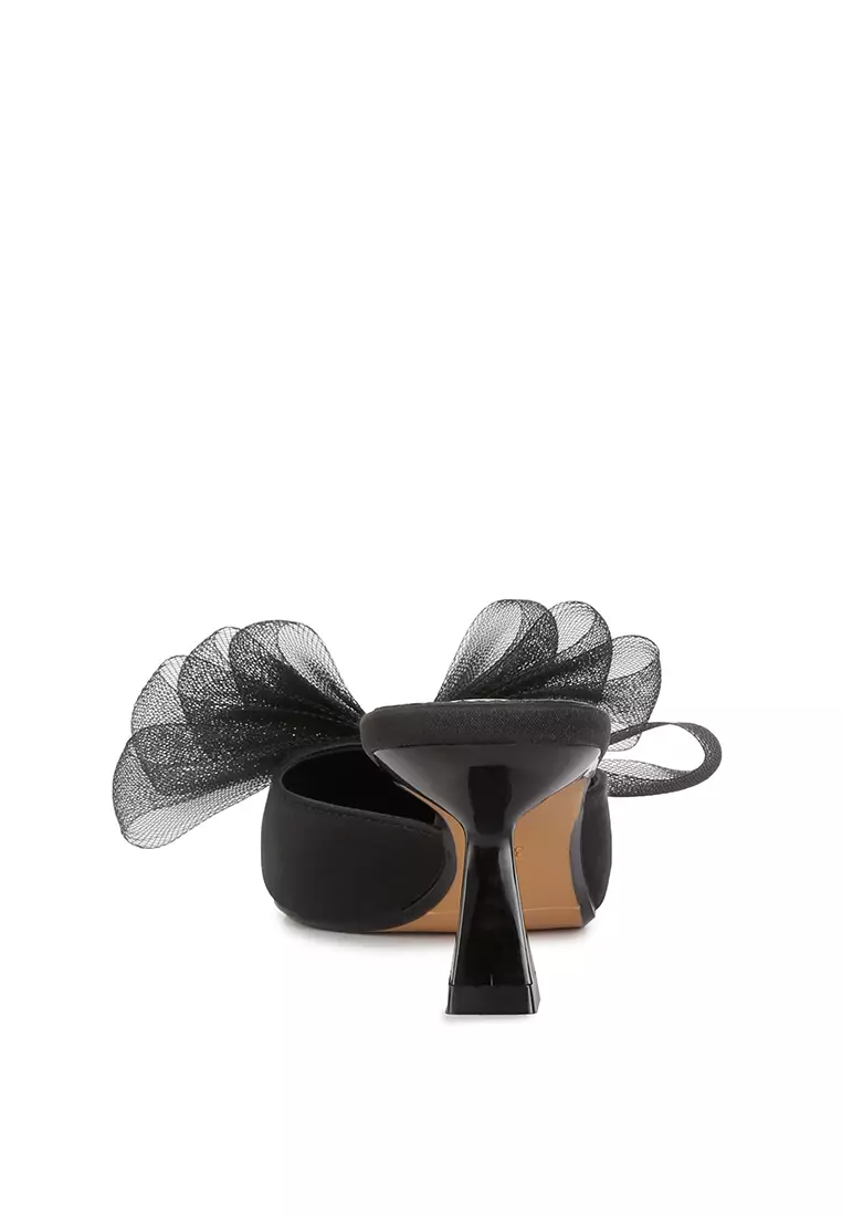 London Rag Black Organza Bow Embellished Satin Mules