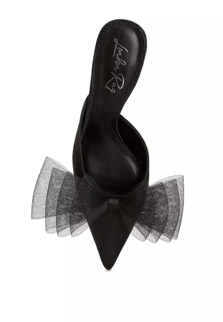 London Rag Black Organza Bow Embellished Satin Mules