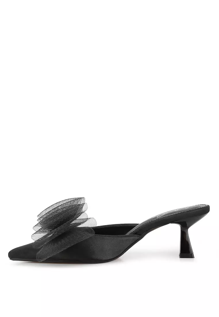 London Rag Black Organza Bow Embellished Satin Mules