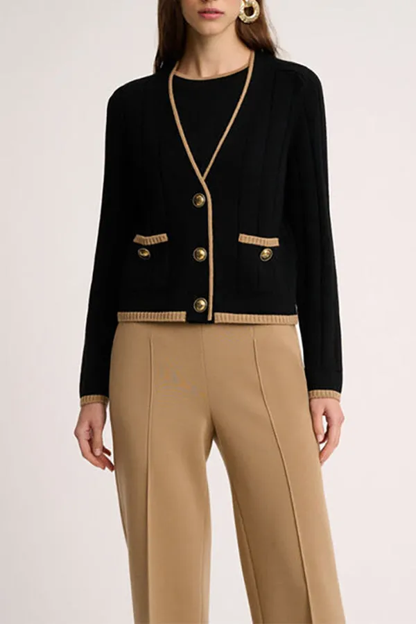 Luisa Spagnoli MOZIONE BLACK CAMEL CONTRAST TRIM CARDIGAN