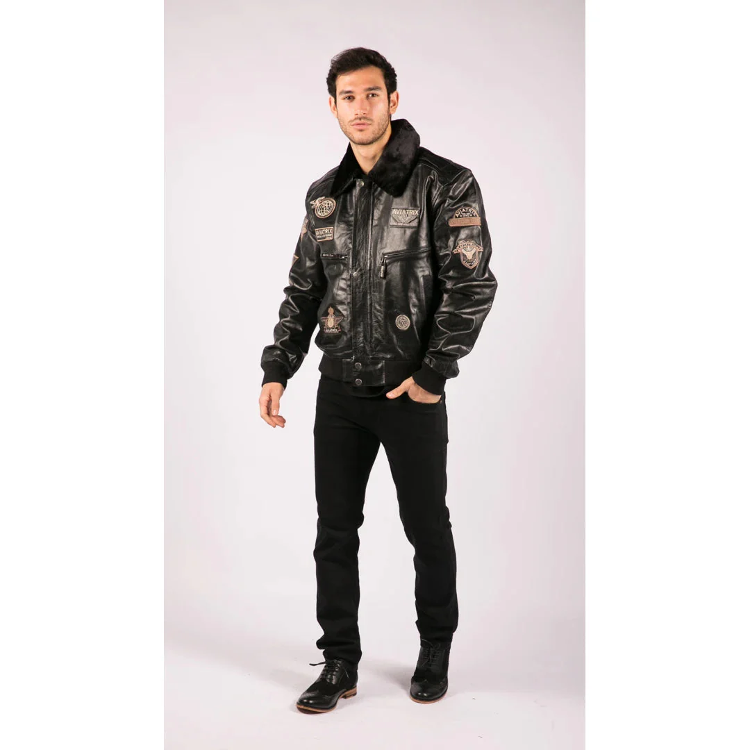 Men's Black Leather Bomber Aviator Badge Pilot Jacket Removable Fur Collar