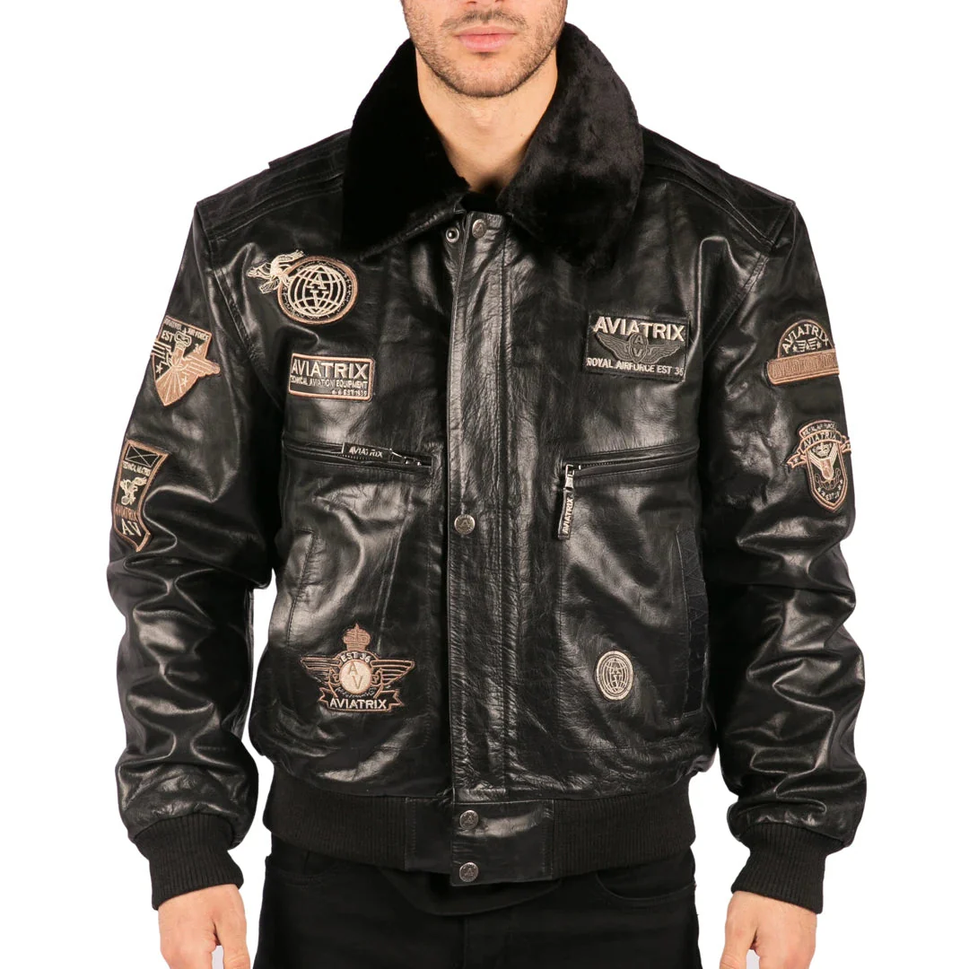 Men's Black Leather Bomber Aviator Badge Pilot Jacket Removable Fur Collar