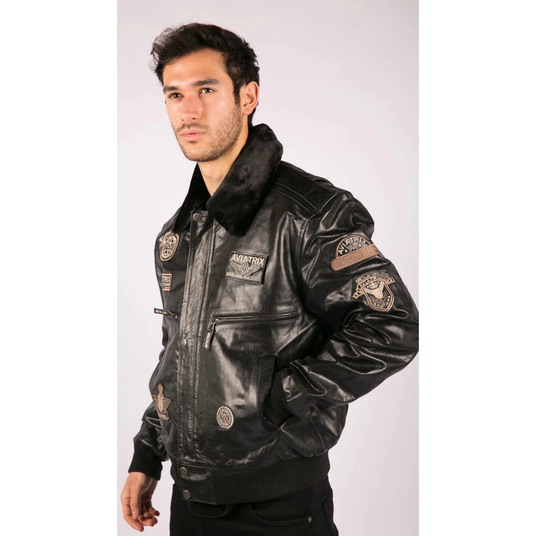 Men's Black Leather Bomber Aviator Badge Pilot Jacket Removable Fur Collar