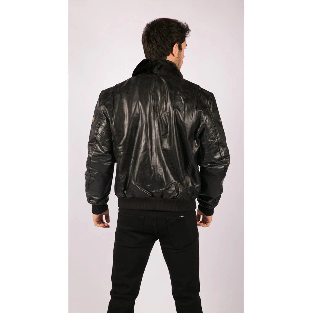 Men's Black Leather Bomber Aviator Badge Pilot Jacket Removable Fur Collar