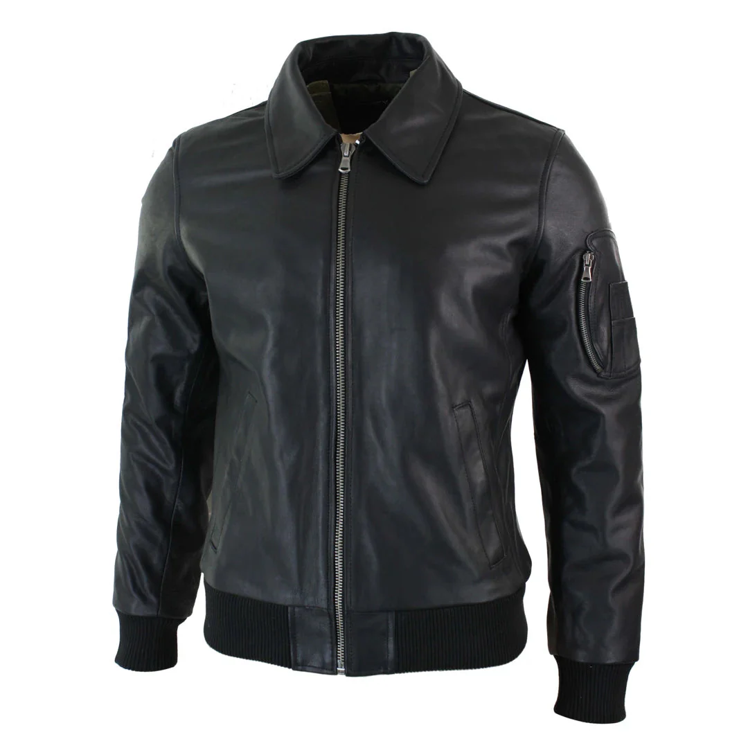 Men's Leather Harrington Black Bomber Classic Pilot Jacket