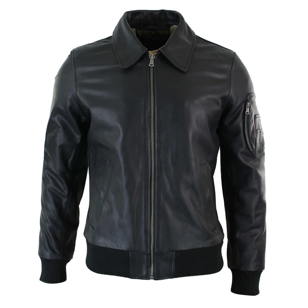 Men's Leather Harrington Black Bomber Classic Pilot Jacket