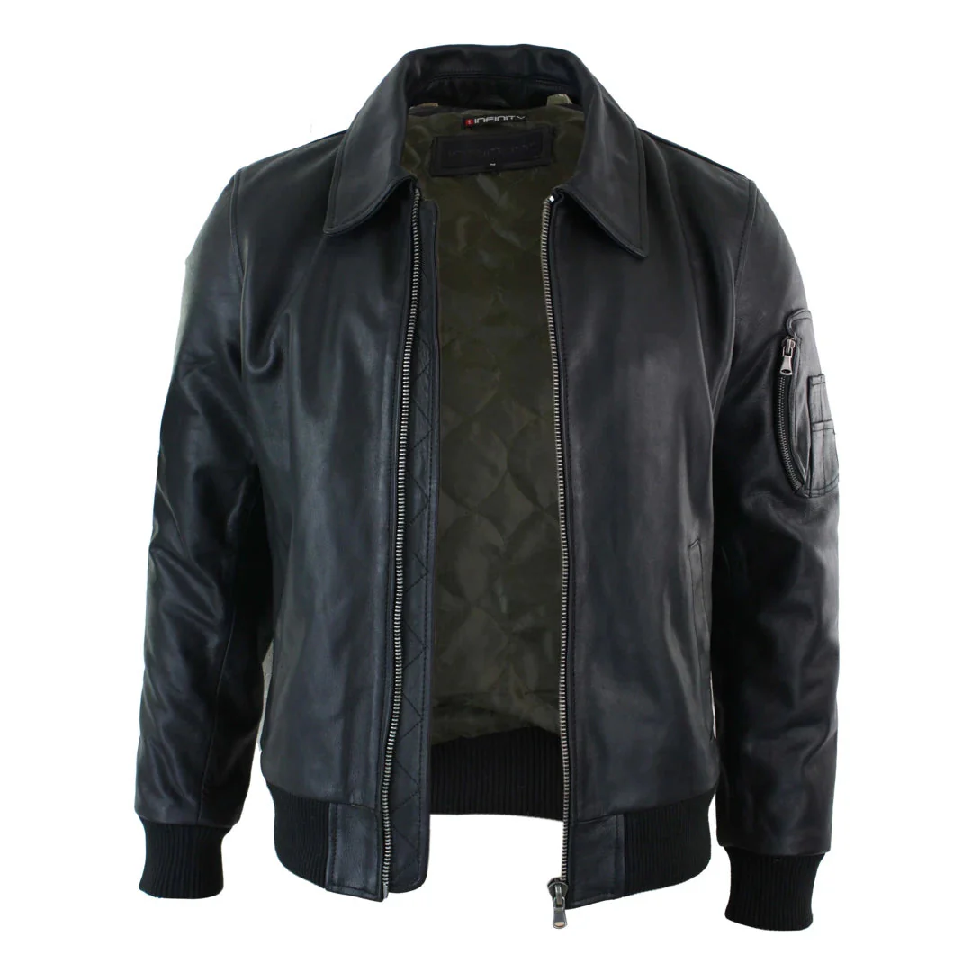 Men's Leather Harrington Black Bomber Classic Pilot Jacket