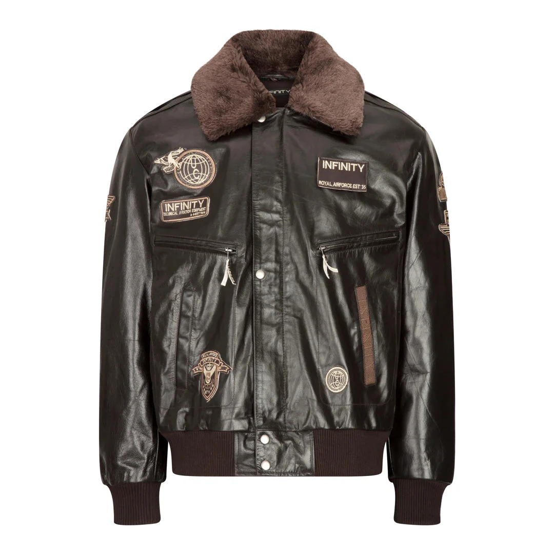 Men's Leather Jacket Bomber Aviator Badge Brown