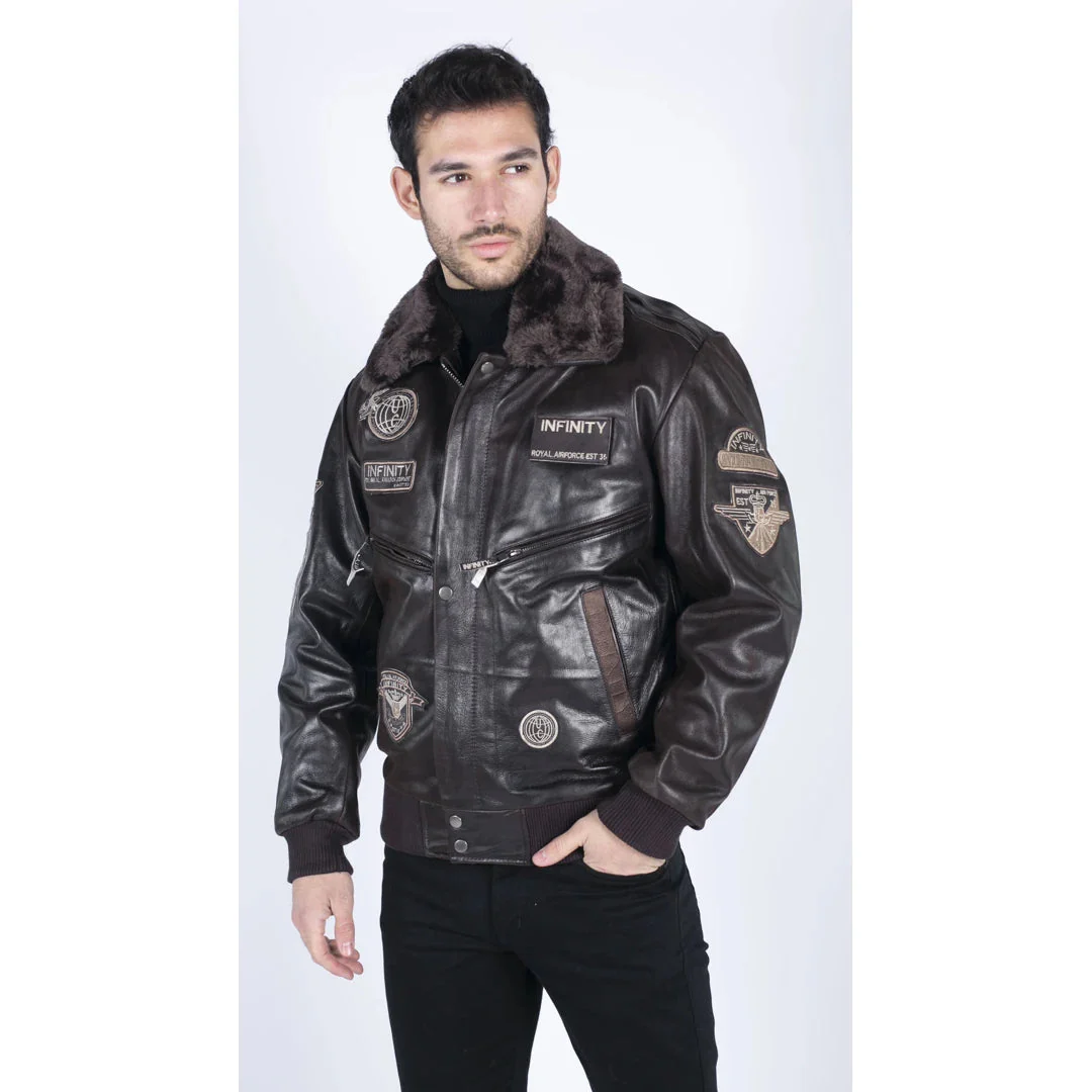 Men's Leather Jacket Bomber Aviator Badge Brown