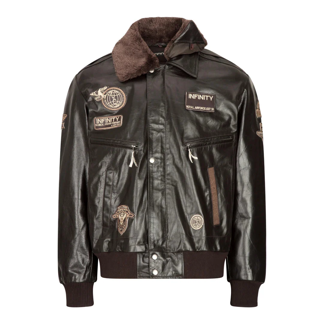 Men's Leather Jacket Bomber Aviator Badge Brown