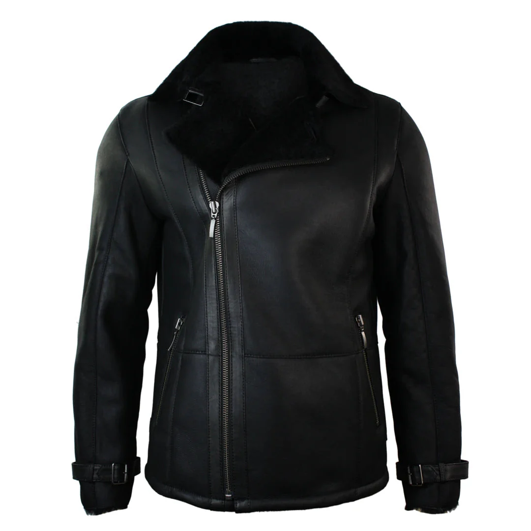 Men's Winter Sheepskin Black Mid Length Fitted Jacket Cross Zip