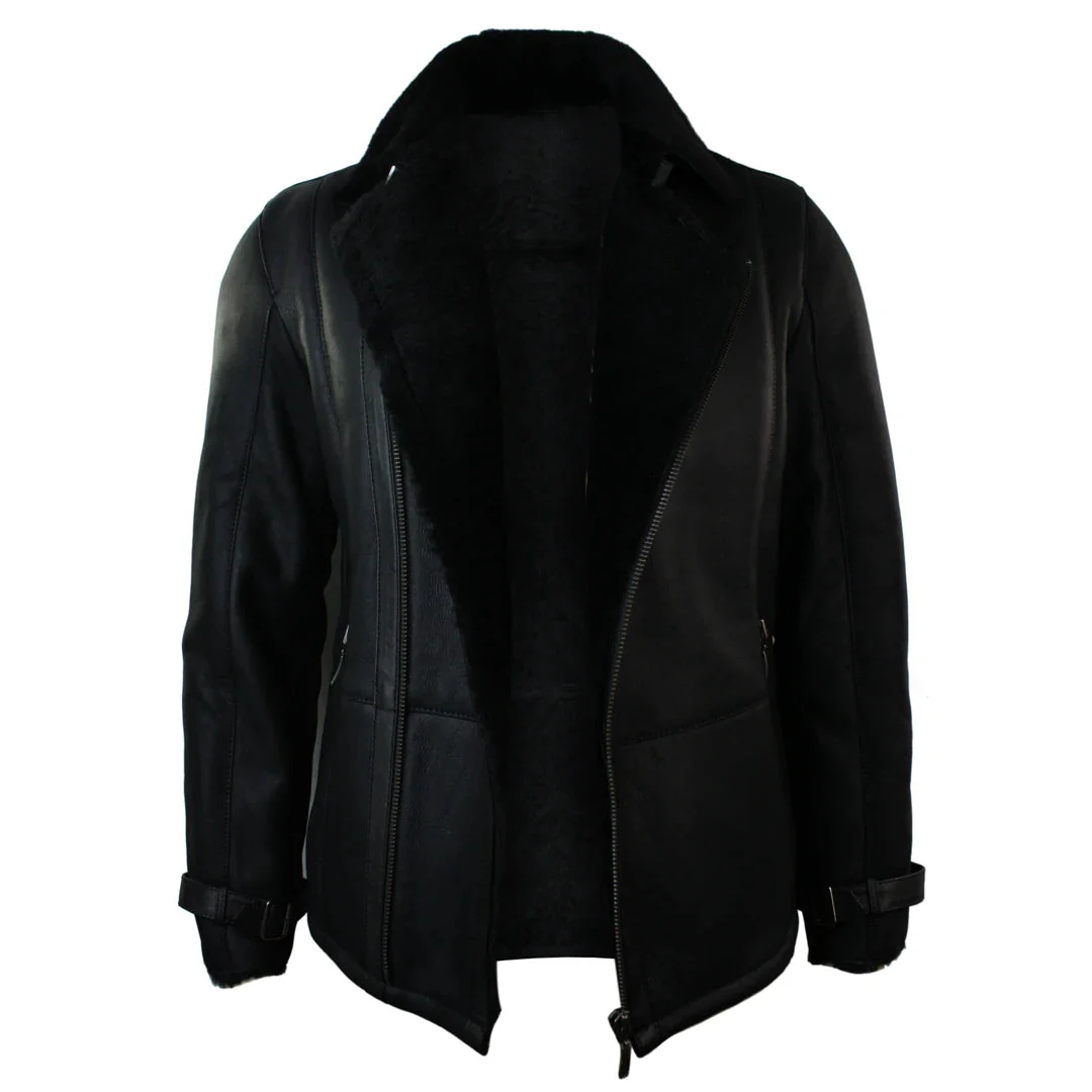 Men's Winter Sheepskin Black Mid Length Fitted Jacket Cross Zip