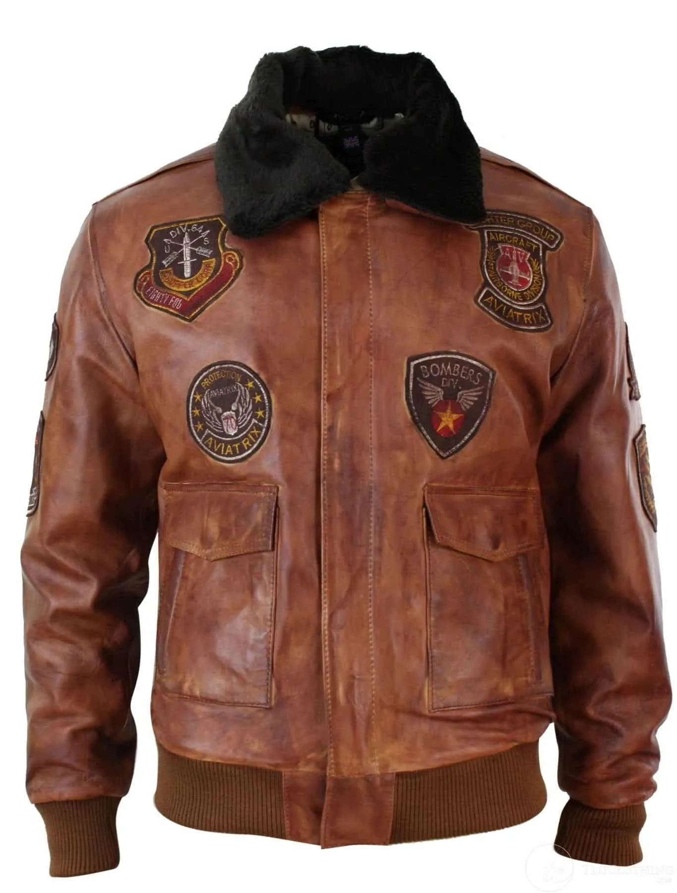 Mens Aviator Flying Pilot Bomber Jacket Vintage Tan Removable Black Fur Collar-Nevada Timber