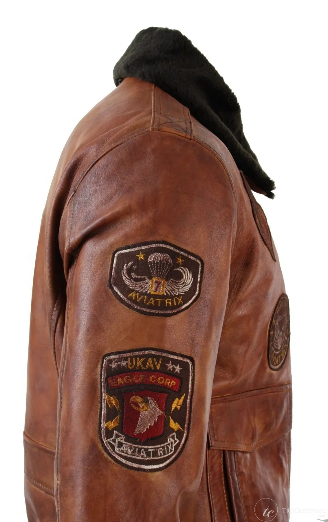 Mens Aviator Flying Pilot Bomber Jacket Vintage Tan Removable Black Fur Collar-Nevada Timber