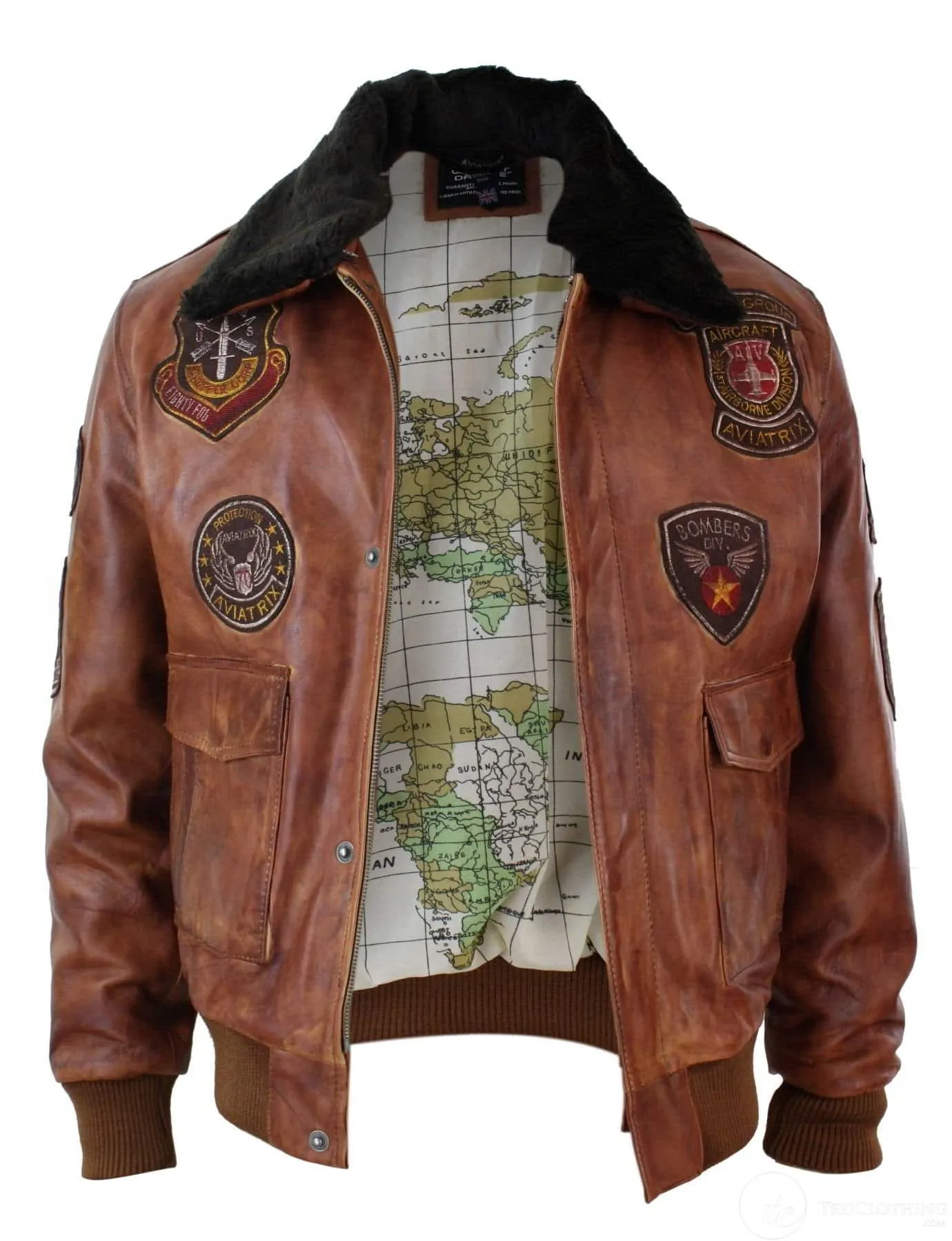 Mens Aviator Flying Pilot Bomber Jacket Vintage Tan Removable Black Fur Collar-Nevada Timber