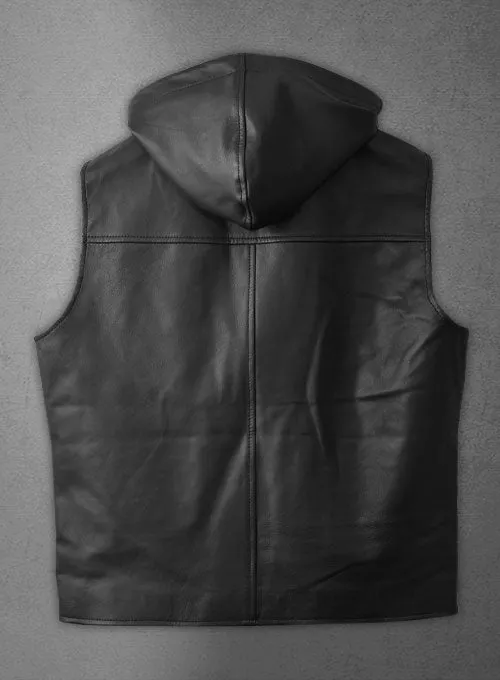 Men’s Black Leather Biker Hooded Vest