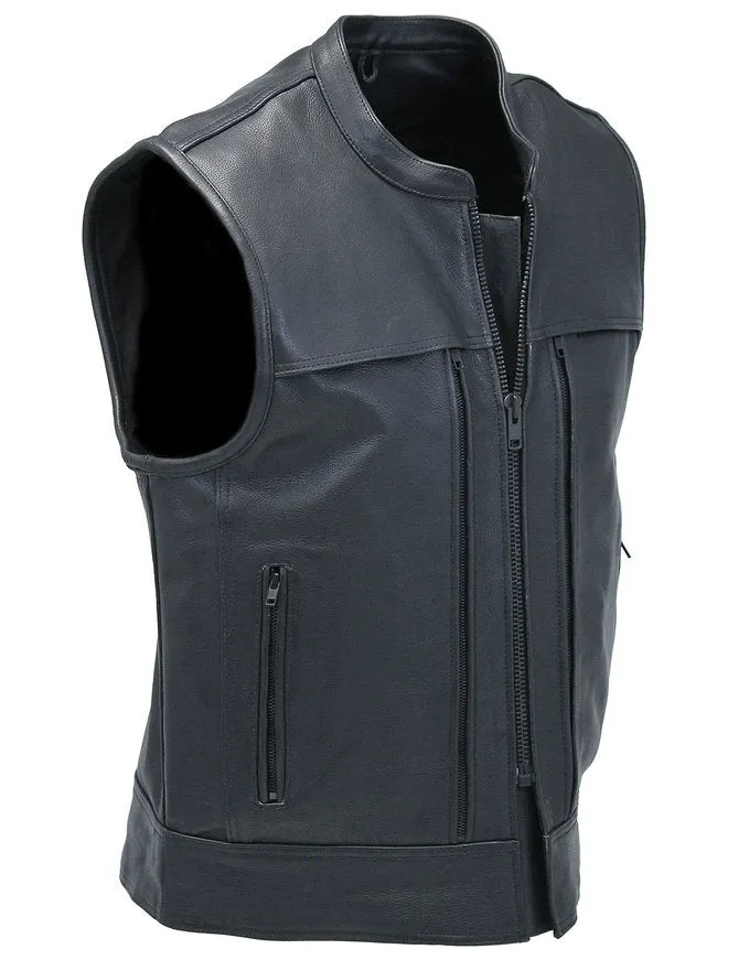 Men's Black Leather Biker Vest With Hidden Pockets