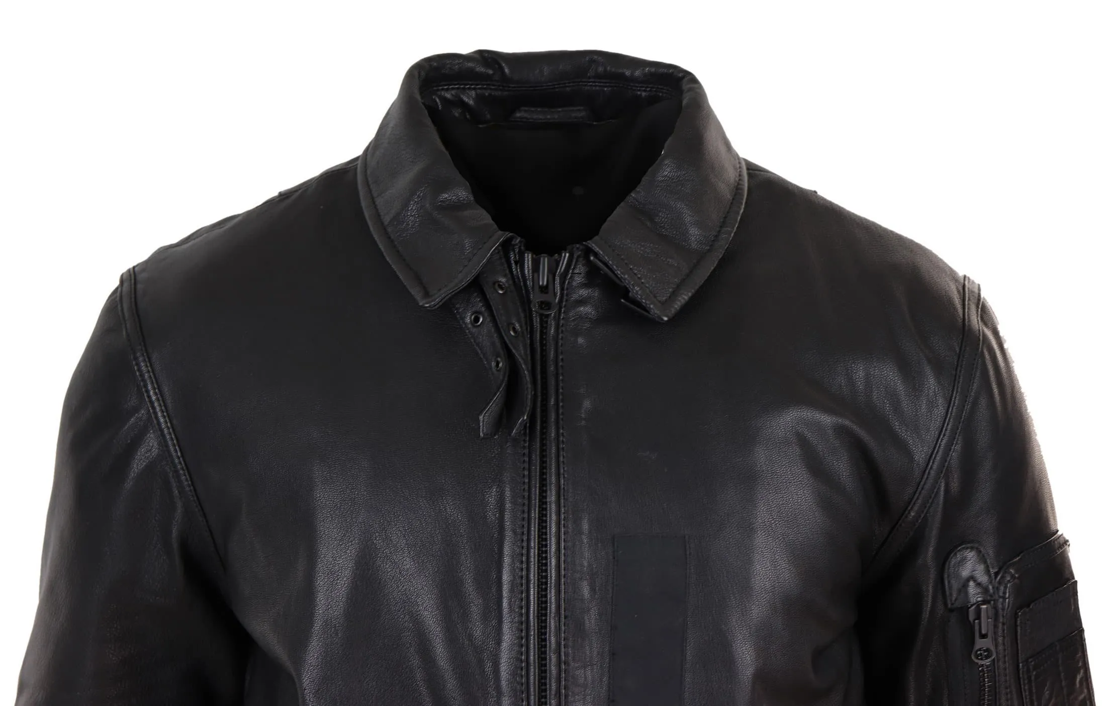 Mens Black Leather Bomber Jacket with White Collar