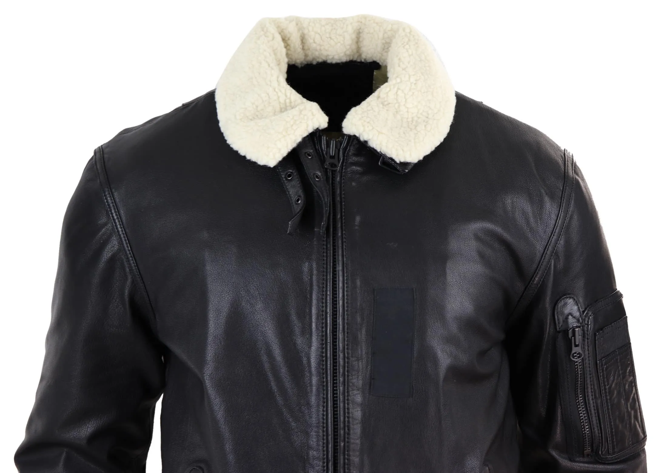 Mens Black Leather Bomber Jacket with White Collar