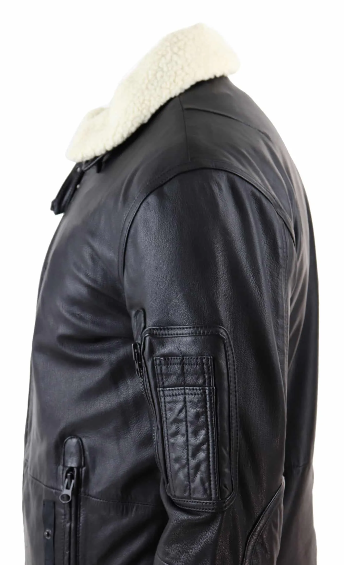 Mens Black Leather Bomber Jacket with White Collar