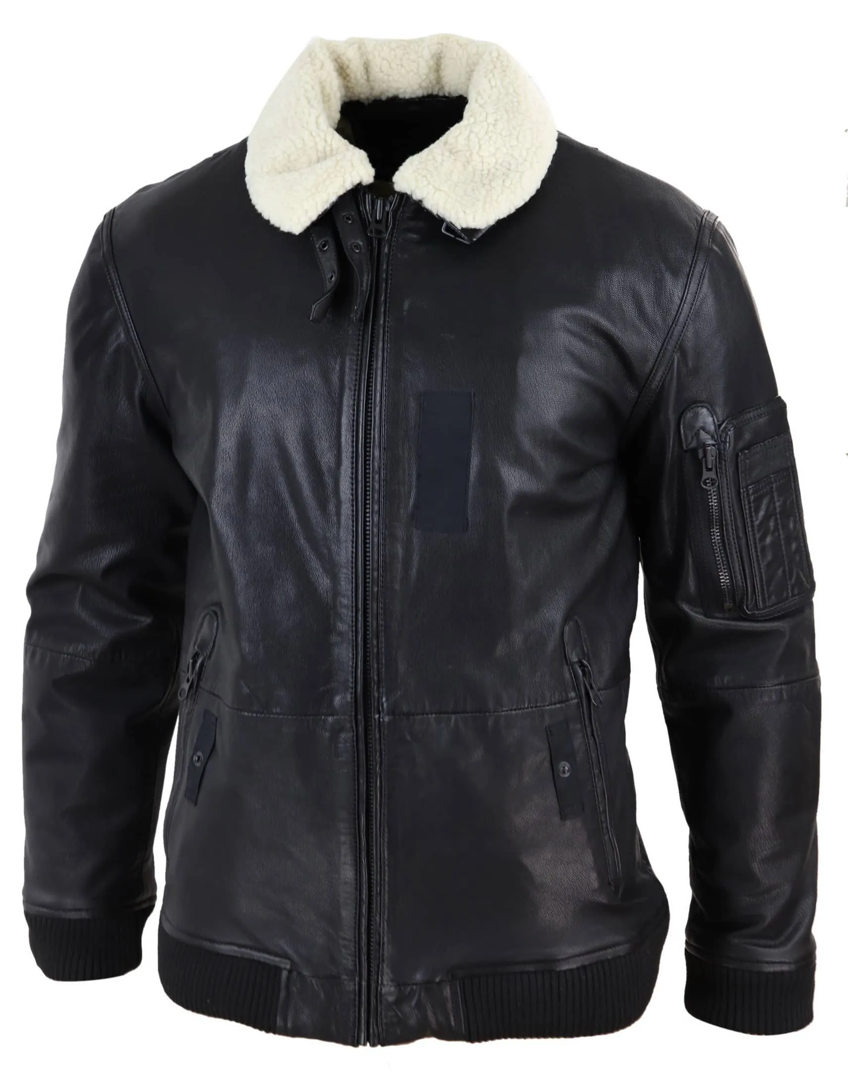 Mens Black Leather Bomber Jacket with White Collar