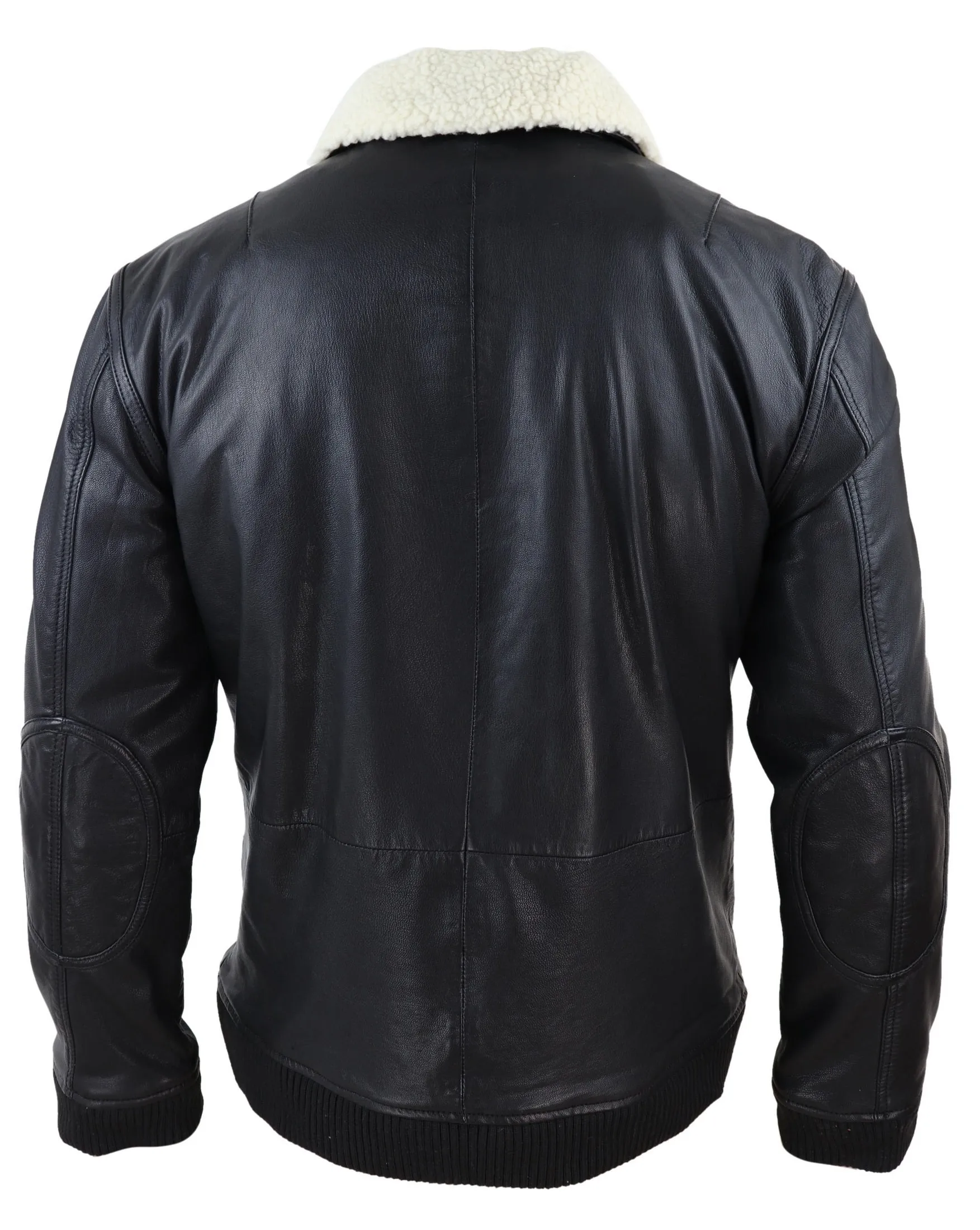 Mens Black Leather Bomber Jacket with White Collar