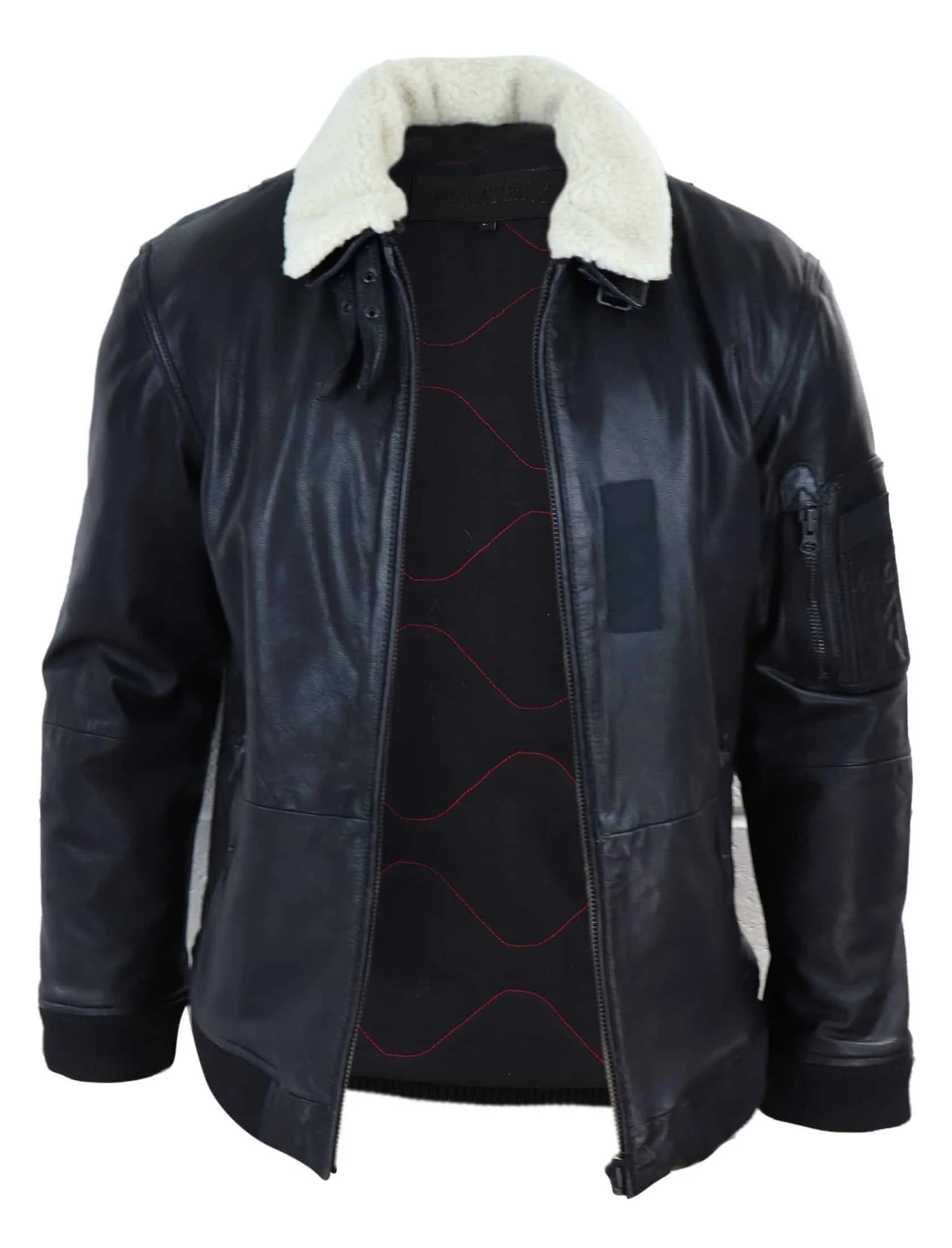 Mens Black Leather Bomber Jacket with White Collar