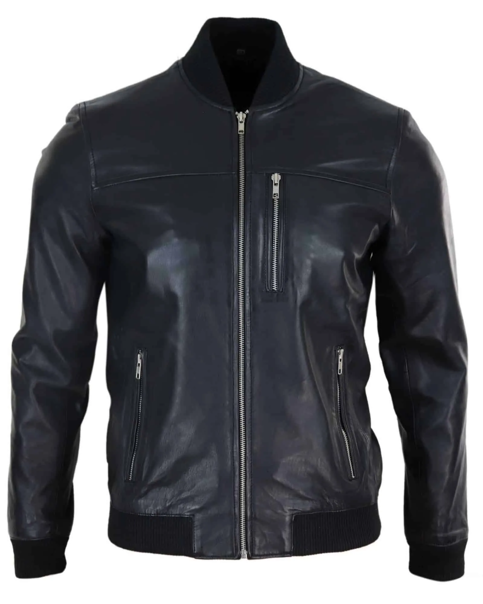 Mens Black Leather Bomber Jacket