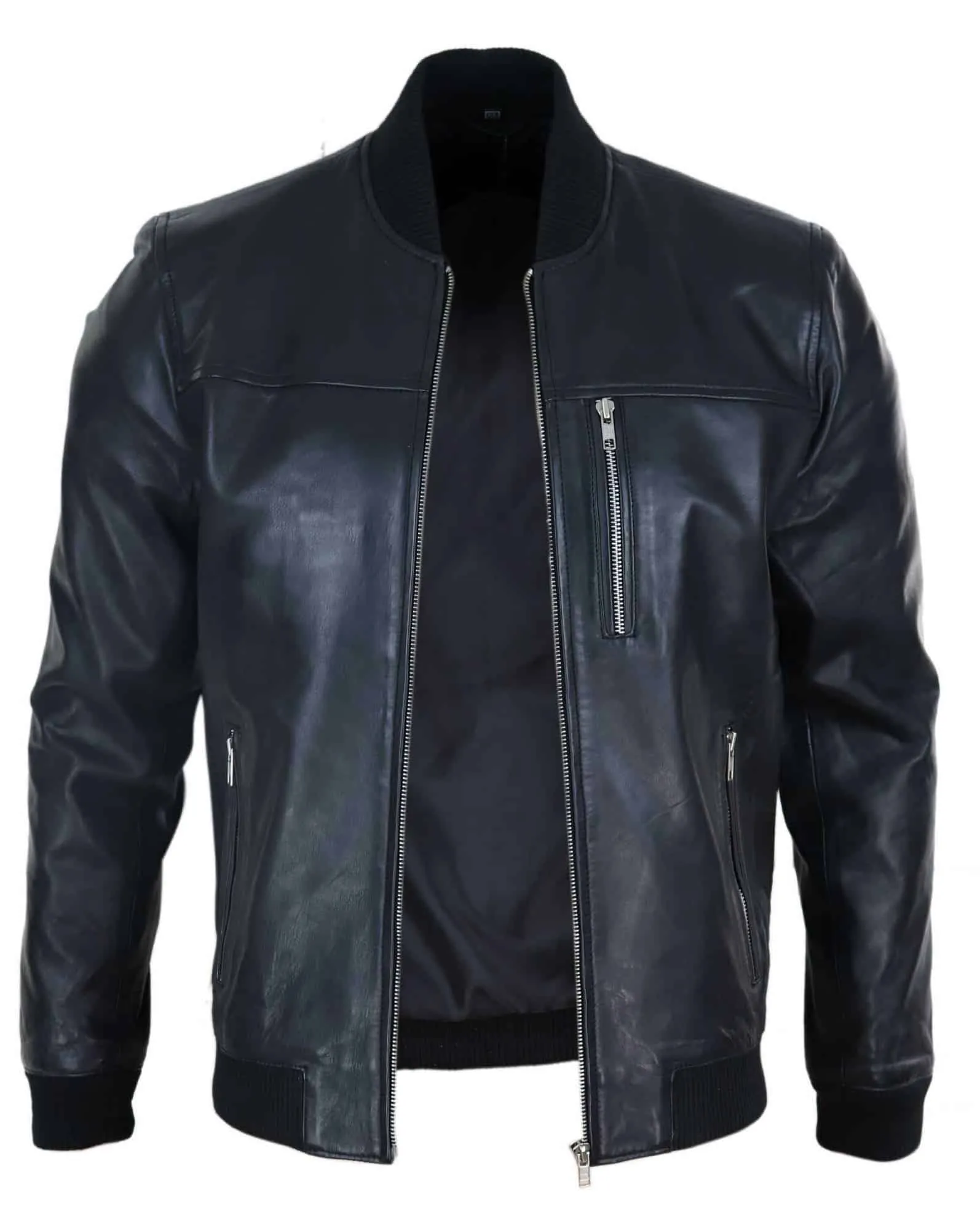 Mens Black Leather Bomber Jacket