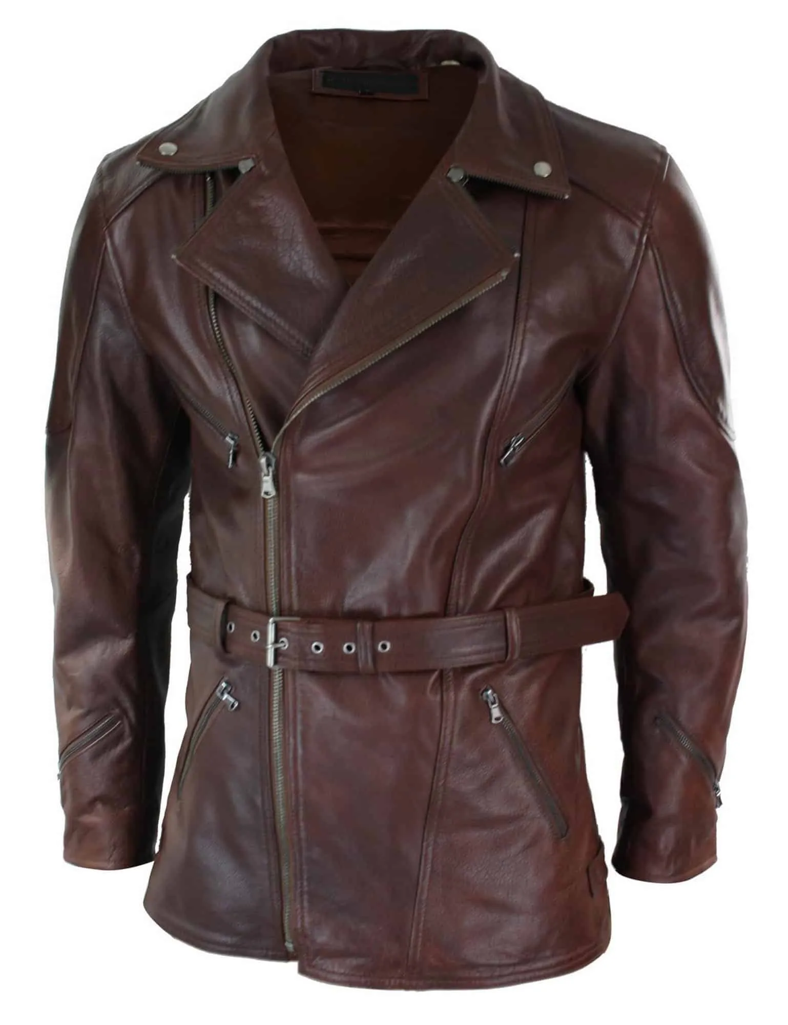 Mens Cross Zip Belted Timber Brown 3/4 Motorcycle Biker Long Leather Jacket CE Armour