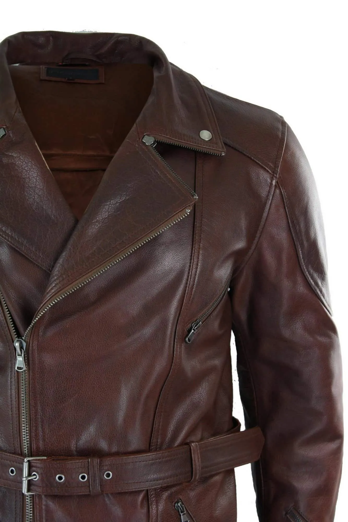 Mens Cross Zip Belted Timber Brown 3/4 Motorcycle Biker Long Leather Jacket CE Armour