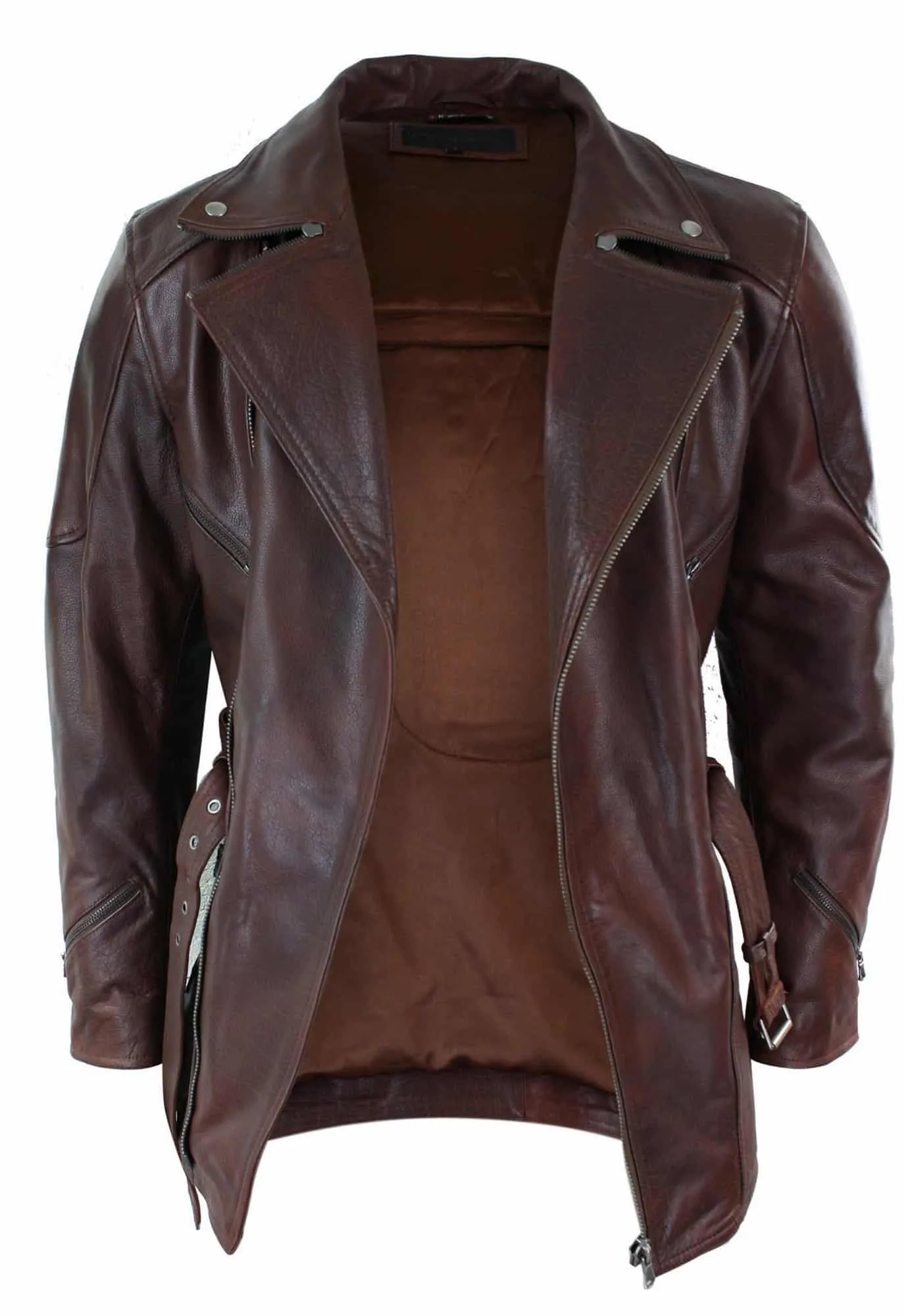 Mens Cross Zip Belted Timber Brown 3/4 Motorcycle Biker Long Leather Jacket CE Armour